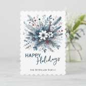 Classy Dark Teal Blue Red Floral Holiday Wreath Feestdagenkaart (Staand voorkant)