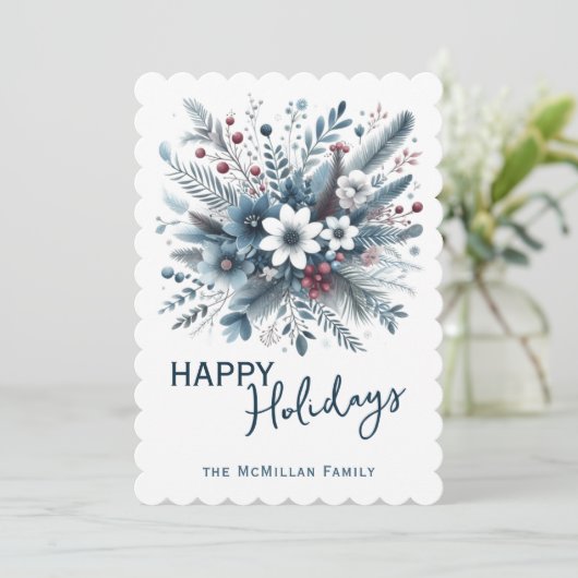 Classy Dark Teal Blue Red Floral Holiday Wreath Feestdagenkaart (Staand voorkant)