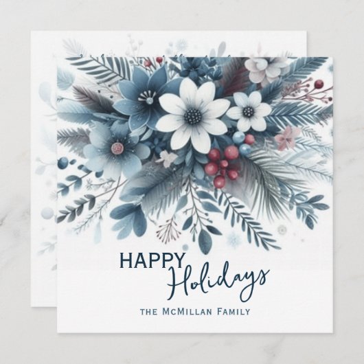 Classy Dark Teal Blue Red Floral Holiday Wreath Feestdagenkaart (Voorkant / Achterkant)