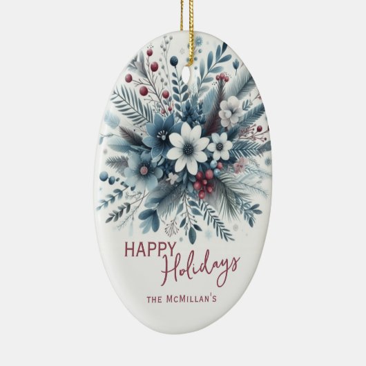 Classy Dark Teal Blue Red Floral Holiday Wreath Keramisch Ornament (Rechts)