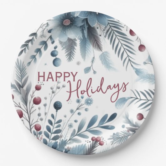 Classy Dark Teal Blue Red Floral Holiday Wreath Papieren Bordje (Voorkant)