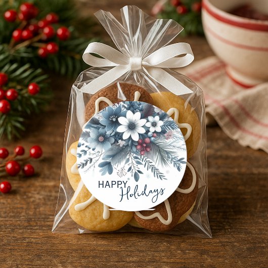 Classy Dark Teal Blue Red Floral Holiday Wreath Ronde Sticker