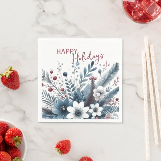 Classy Dark Teal Blue Red Floral Holiday Wreath Servet (Insitu)