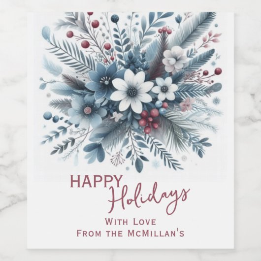 Classy Dark Teal Blue Red Floral Holiday Wreath Wijn Etiket (Enkel label)