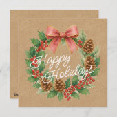 Classy December Krans met Pink Bow Holiday Kaart (Voorkant / Achterkant)