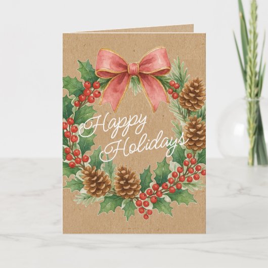 Classy december krans met roze boog Waterverf Feestdagen Kaart (Voorkant)