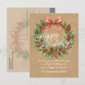 Classy december krans met roze boog Waterverf Feestdagenkaart (Voorkant / Achterkant)