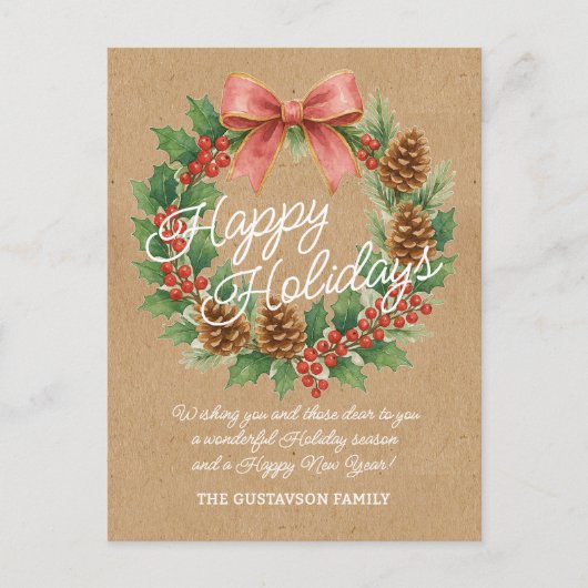 Classy december krans met roze boog Waterverf Feestdagenkaart (Voorkant)