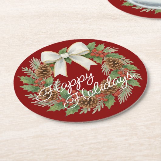 Classy december krans met witte boog vakantie ronde kartonnen onderzetter (Gebogen)