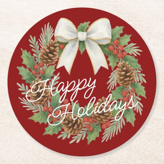 Classy december krans met witte boog vakantie ronde kartonnen onderzetter (Voorkant)
