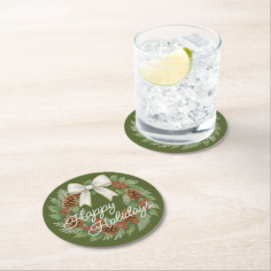 Classy december krans met witte boog vakantie ronde kartonnen onderzetter