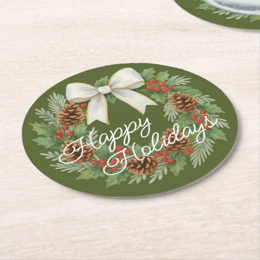 Classy december krans met witte boog vakantie ronde kartonnen onderzetter (Gebogen)