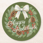 Classy december krans met witte boog vakantie ronde kartonnen onderzetter (Voorkant)