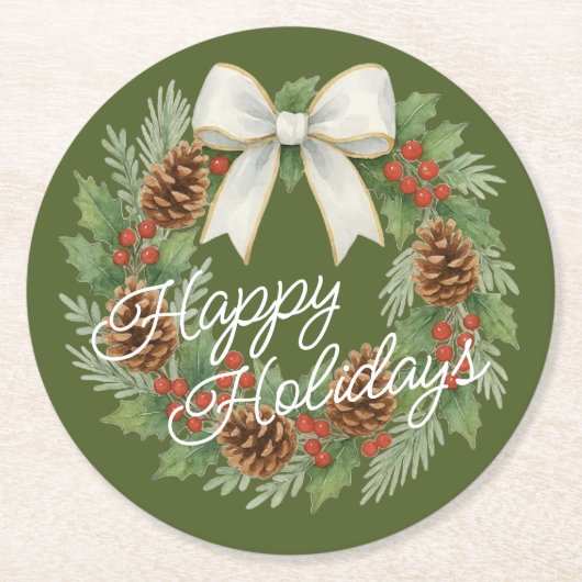 Classy december krans met witte boog vakantie ronde kartonnen onderzetter (Voorkant)