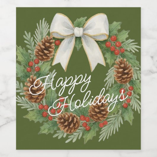 Classy december krans met witte boog vakantie wijn etiket (Enkel label)