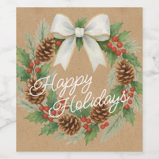 Classy december krans met witte boog vakantie wijn etiket (Enkel label)