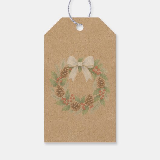 Classy december krans met witte boog Waterverf Cadeaulabel (Achterkant)