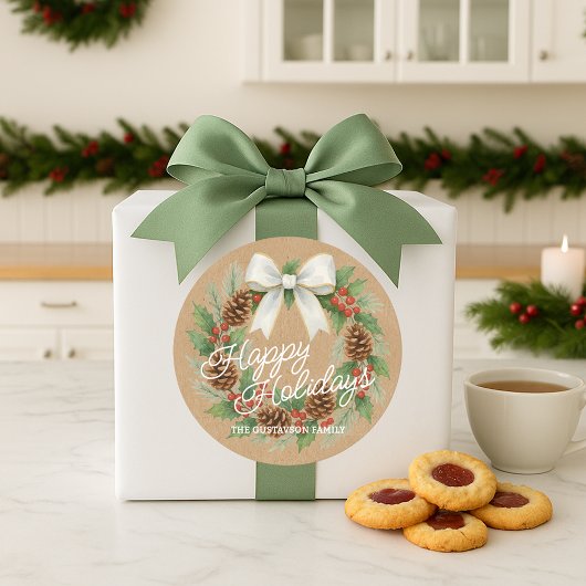 Classy december krans met witte boog Waterverf Ronde Sticker