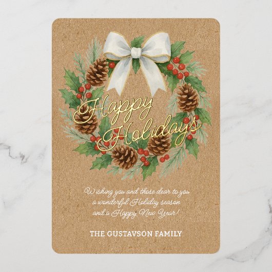 Classy December Krans Witte Boog Waterverf Goud Folie Feestdagenkaart (Voorkant)