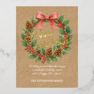 Classy December Wreath Pink Bow Waterverf Gold Folie Feestdagen Briefkaart