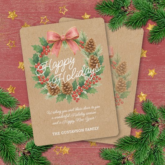 Classy December Wreath Pink Bow Waterverf Gold Folie Feestdagenkaart