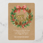 Classy December Wreath Pink Bow Waterverf Gold Folie Feestdagenkaart (Voorkant)