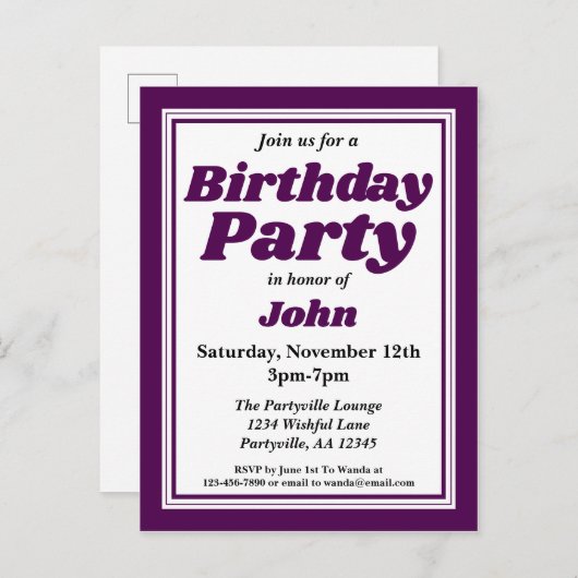 Classy Deep Paars Adult Birthday Party Uitnodiging Briefkaart (Voorkant / Achterkant)