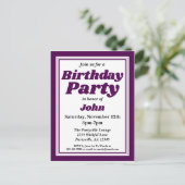 Classy Deep Paars Adult Birthday Party Uitnodiging Briefkaart (Staand voorkant)