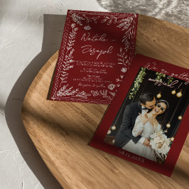 Classy Deep Red Blue Floral Modern Photo Wedding  Kaart