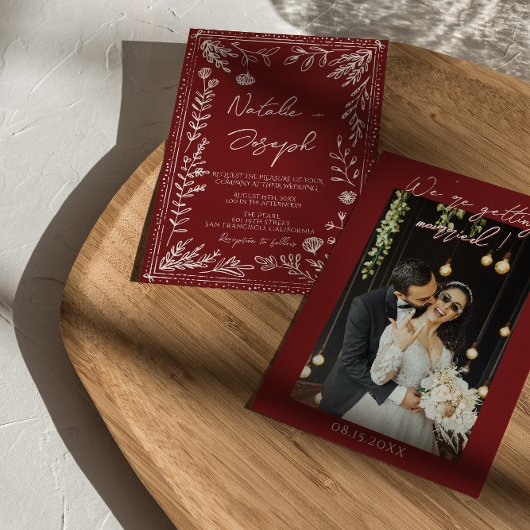 Classy Deep Red Blue Floral Modern Photo Wedding  Kaart