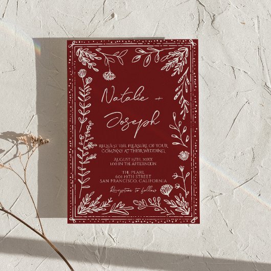 Classy Deep Red Blue Floral Modern QR Code Wedding Kaart