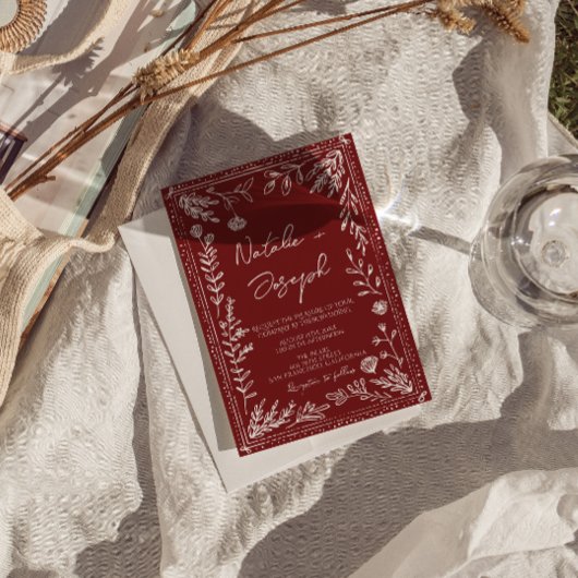 Classy Deep Red Blue Floral Modern QR Code Wedding Kaart