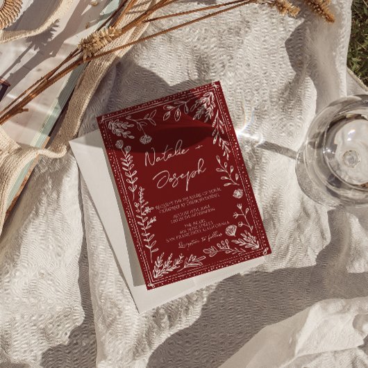 Classy Deep Red Blue Floral QR Code Photo Wedding Kaart