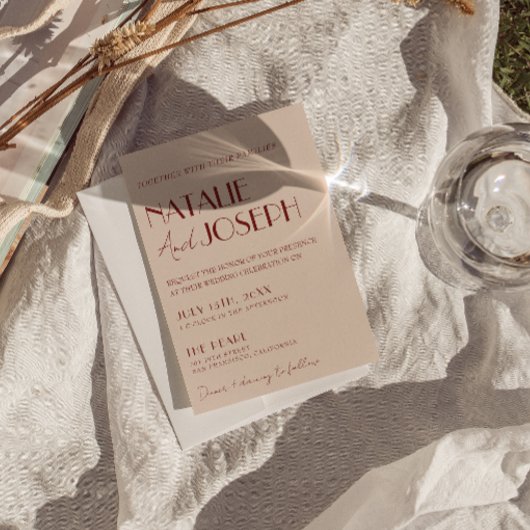 Classy Deep Red Blue Whimsical Modern Wedding Kaart