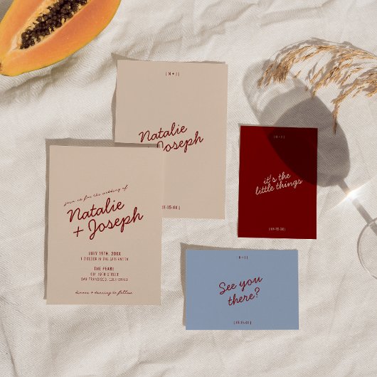 Classy Deep Red Blue Whimsical Unique Wedding Kaart