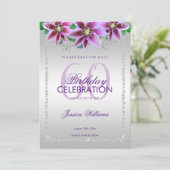 Classy diamanten & bloemen verjaardag save the date (Staand voorkant)