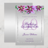 Classy diamanten & bloemen verjaardag save the date (Voorkant / Achterkant)