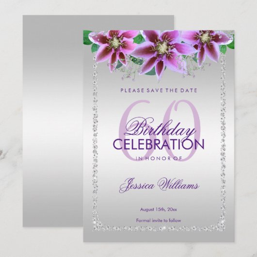 Classy diamanten & bloemen verjaardag save the date (Voorkant / Achterkant)