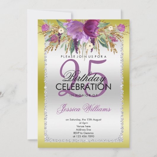 Classy Diamond Glitter Waterverf Flowers Verjaarda Kaart (Voorkant)