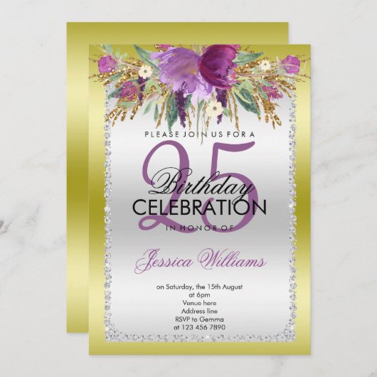 Classy Diamond Glitter Waterverf Flowers Verjaarda Kaart (Voorkant / Achterkant)