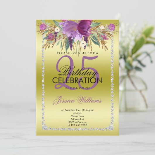 Classy Diamond Glitter Waterverf Flowers Verjaarda Kaart (Staand voorkant)