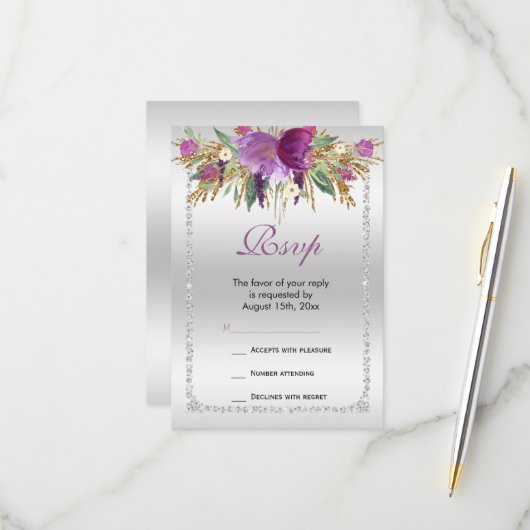 Classy Diamond Glitter Waterverf Flowers Verjaarda RSVP Kaartje (Voorkant / Achterkant in situ)