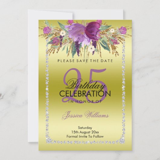 Classy Diamond Glitter Waterverf Flowers Verjaarda Save The Date (Voorkant)