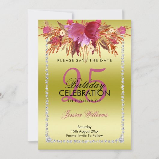 Classy Diamond Glitter Waterverf Flowers Verjaarda Save The Date (Voorkant)