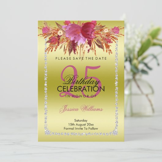 Classy Diamond Glitter Waterverf Flowers Verjaarda Save The Date (Staand voorkant)
