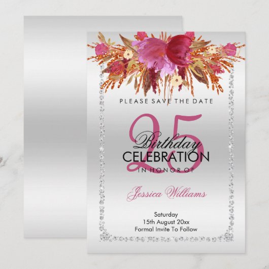 Classy Diamond Glitter Waterverf Flowers Verjaarda Save The Date (Voorkant / Achterkant)