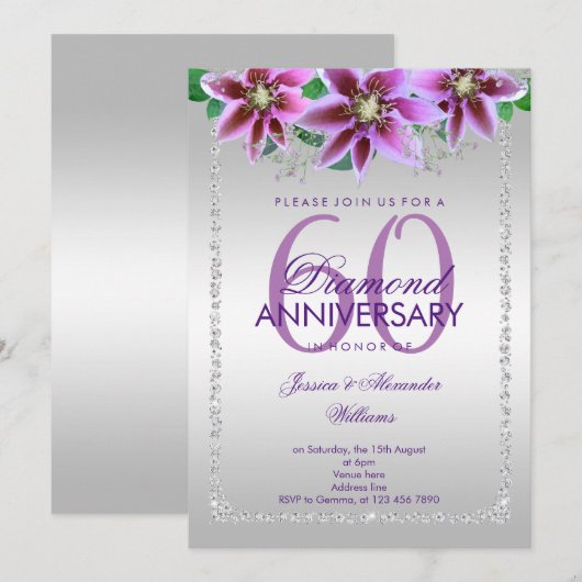 Classy Diamonds & Flowers 60th Wedding Jubileum Kaart (Voorkant / Achterkant)
