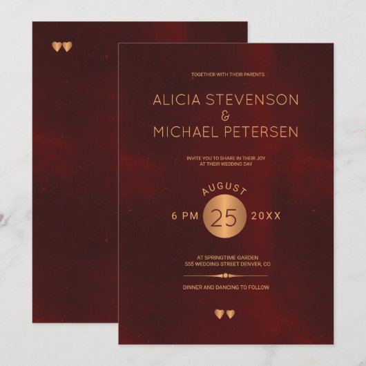 Classy donkerrode bordeaux metallic koper bruiloft kaart (Voorkant / Achterkant)
