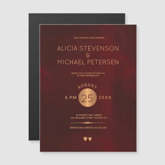 Classy donkerrode bordeaux metallic koper bruiloft magnetische uitnodiging (Voorkant / Achterkant)