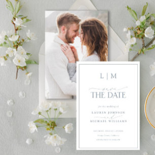 Classy Dusty Blue Elegant Monogram Fotobruiloft Save The Date